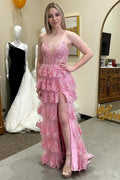 Pink Glitter Appliques Lace-Up Ruffle Tiered Long Dress with Slit by KissProm