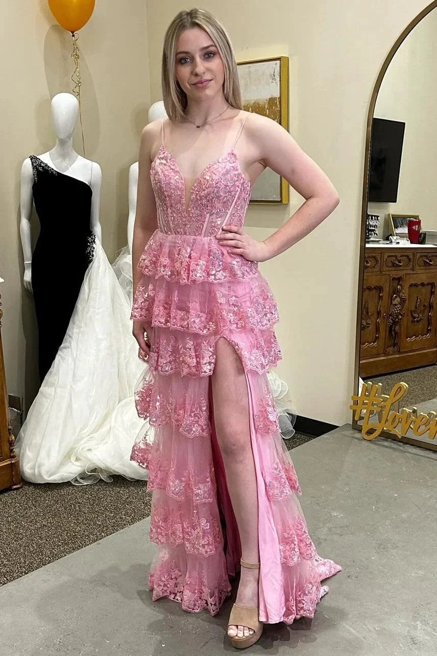 Pink Glitter Appliques Lace-Up Ruffle Tiered Long Dress with Slit by KissProm