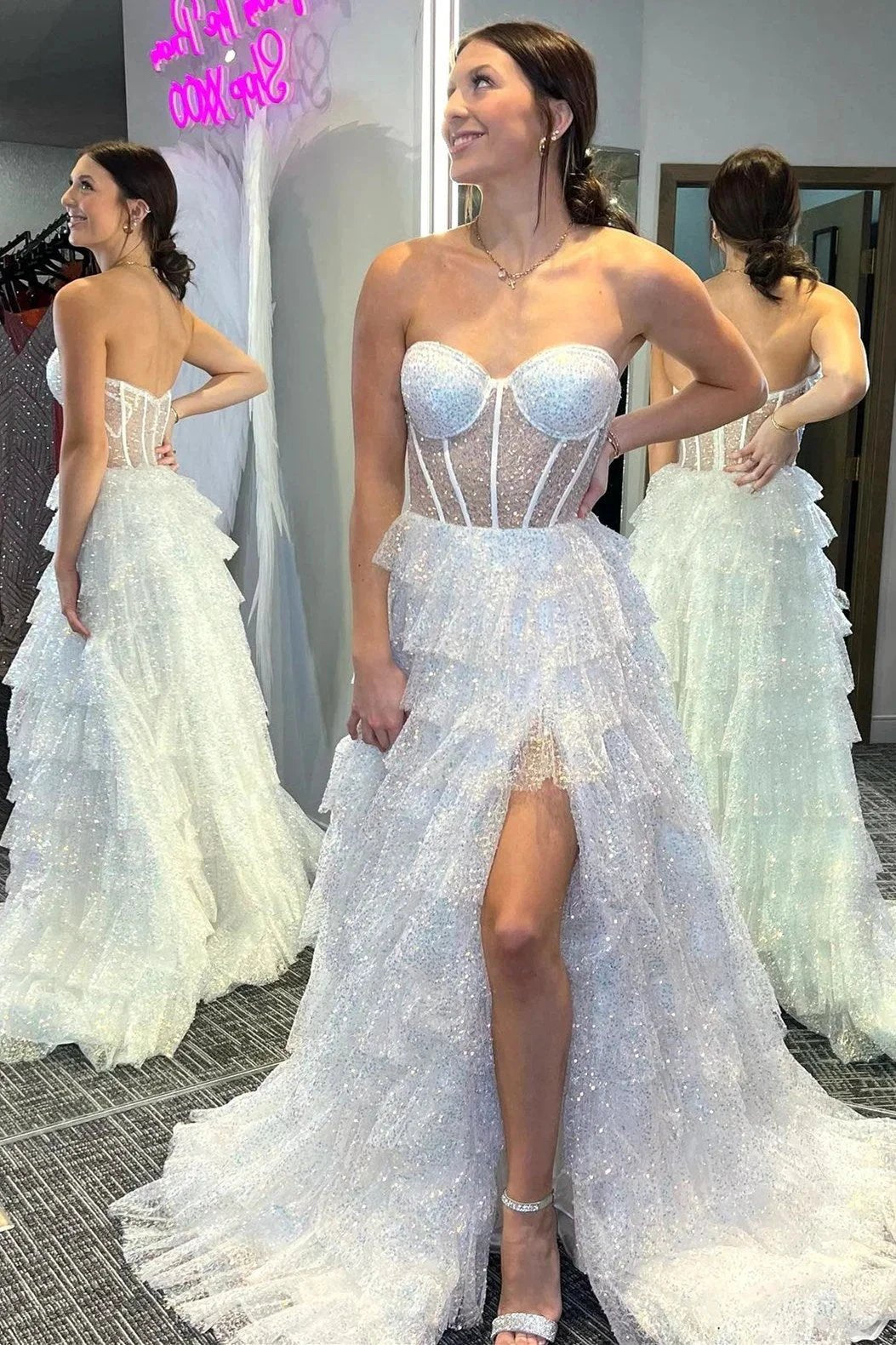 Eleanor | Glitter Tulle Corset Ruffle Tiered Long Prom Dress with Slit by KissProm