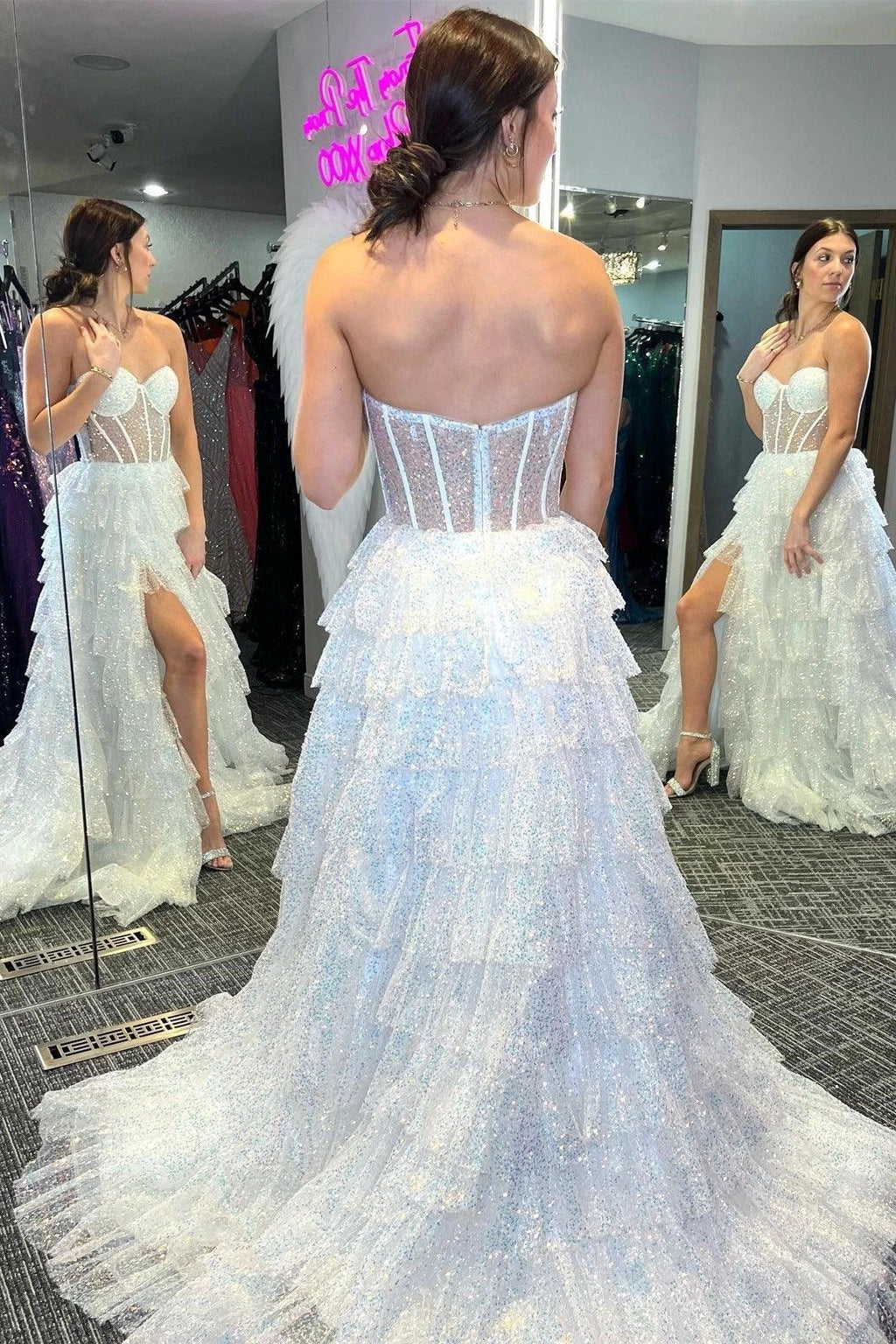 Eleanor | Glitter Tulle Corset Ruffle Tiered Long Prom Dress with Slit by KissProm