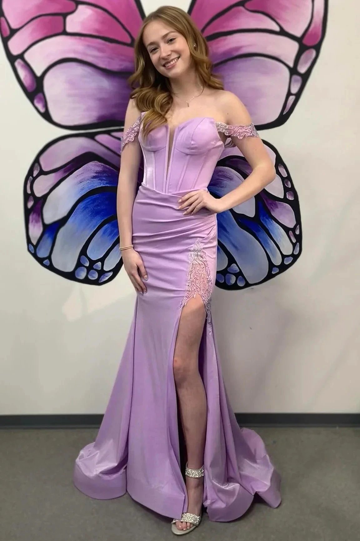 Arya | Lilac Off-the-Shoulder Lace-Up Trumpet Long Prom Dress with Slit by KissProm