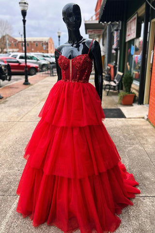 Vestido de fiesta largo con corsé bordado con lentejuelas y volantes escalonados