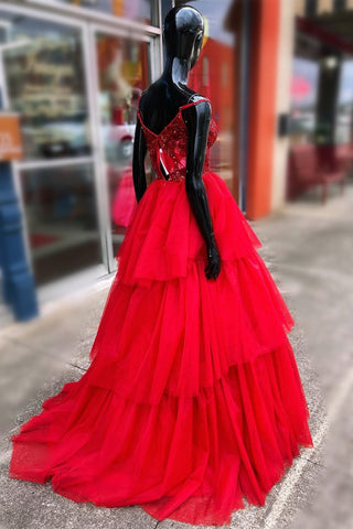 Vestido de fiesta largo con corsé bordado con lentejuelas y volantes escalonados