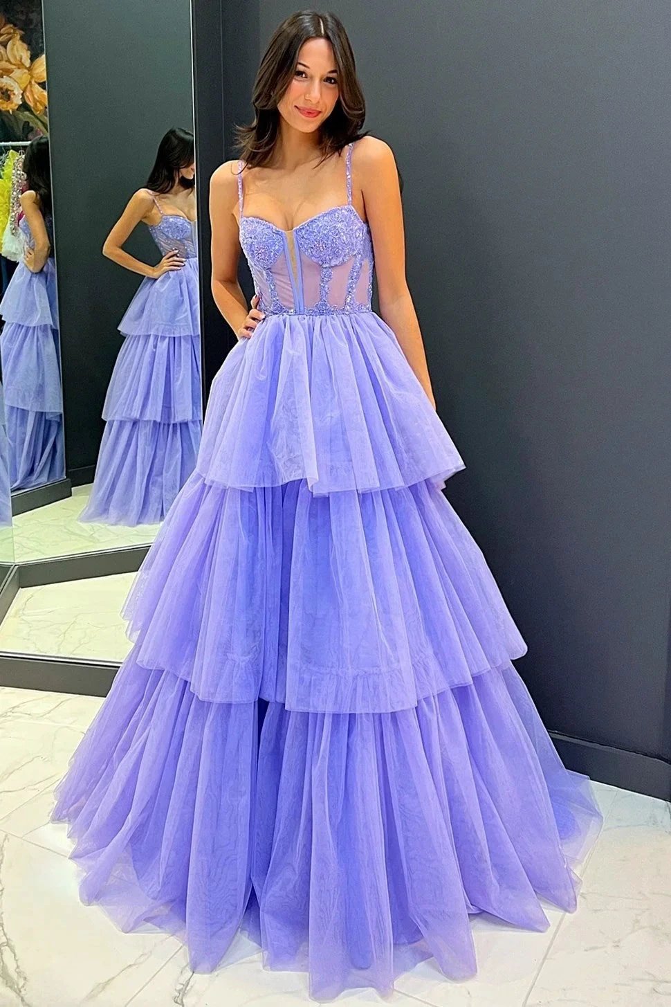 Tiered Ruffle Sequin-Embroidery Corset Long Prom Gown by KissGroup