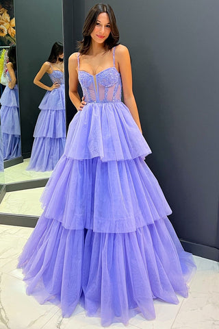 Vestido de fiesta largo con corsé bordado con lentejuelas y volantes escalonados