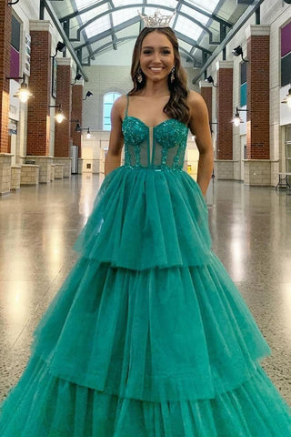 Vestido de fiesta largo con corsé bordado con lentejuelas y volantes escalonados