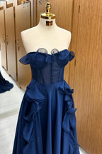 A Line Navy Blue Corset Ruffle Maxi Prom Dress by Kissprom