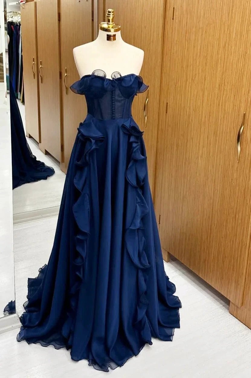 A Line Navy Blue Corset Ruffle Maxi Prom Dress by Kissprom