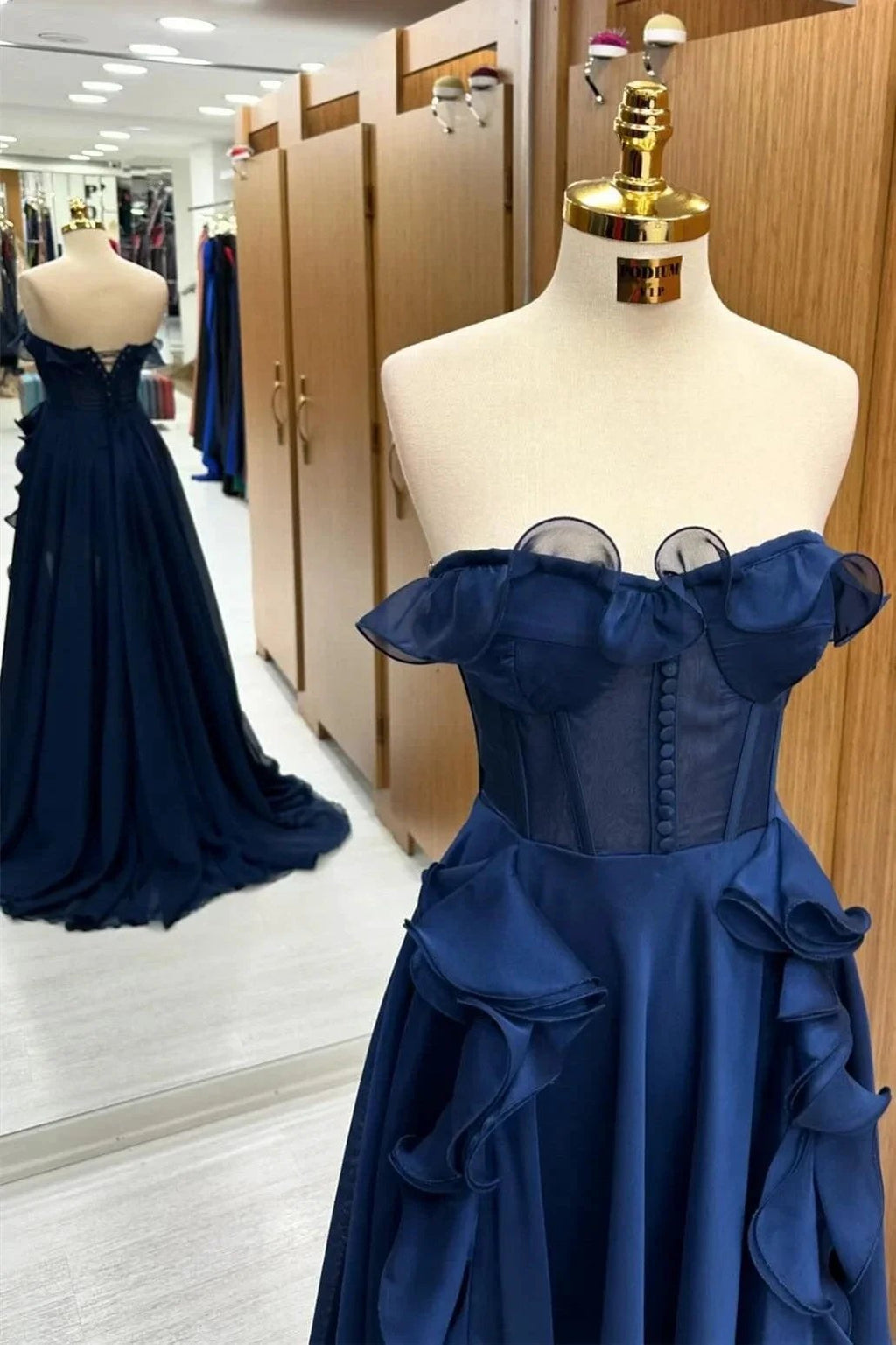 A Line Navy Blue Corset Ruffle Maxi Prom Dress by Kissprom
