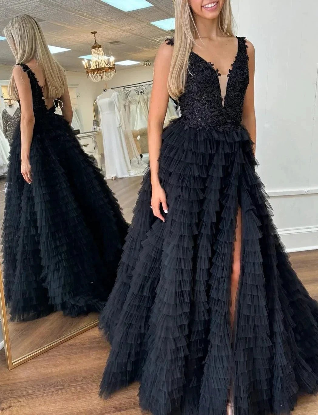 Yellow Plunge V Ruffle Tiered Long Prom Dress with Slit by KissProm