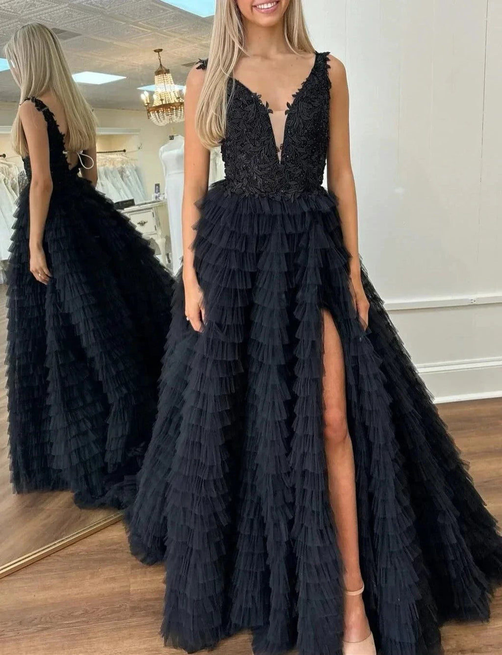 Yellow Plunge V Ruffle Tiered Long Prom Dress with Slit by KissProm