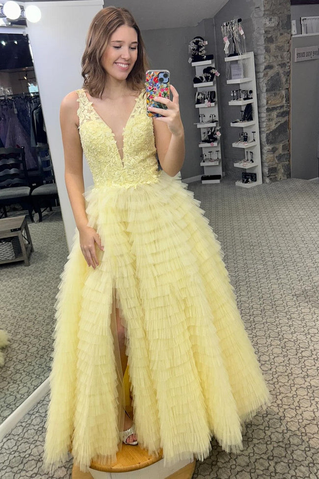 Yellow Plunge V Ruffle Tiered Long Prom Dress with Slit Hover Image