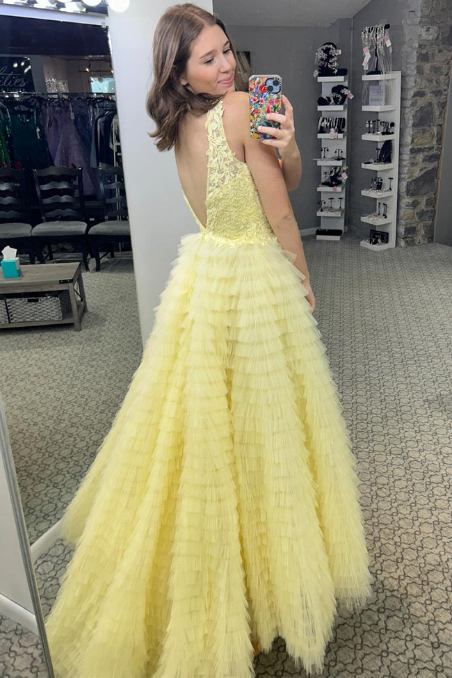 Yellow Plunge V Ruffle Tiered Long Prom Dress with Slit Main Image