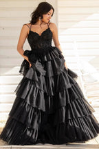 Tiered Ruffle Appliques Corset Long Prom Dress with Spaghetti Straps by KissGroup