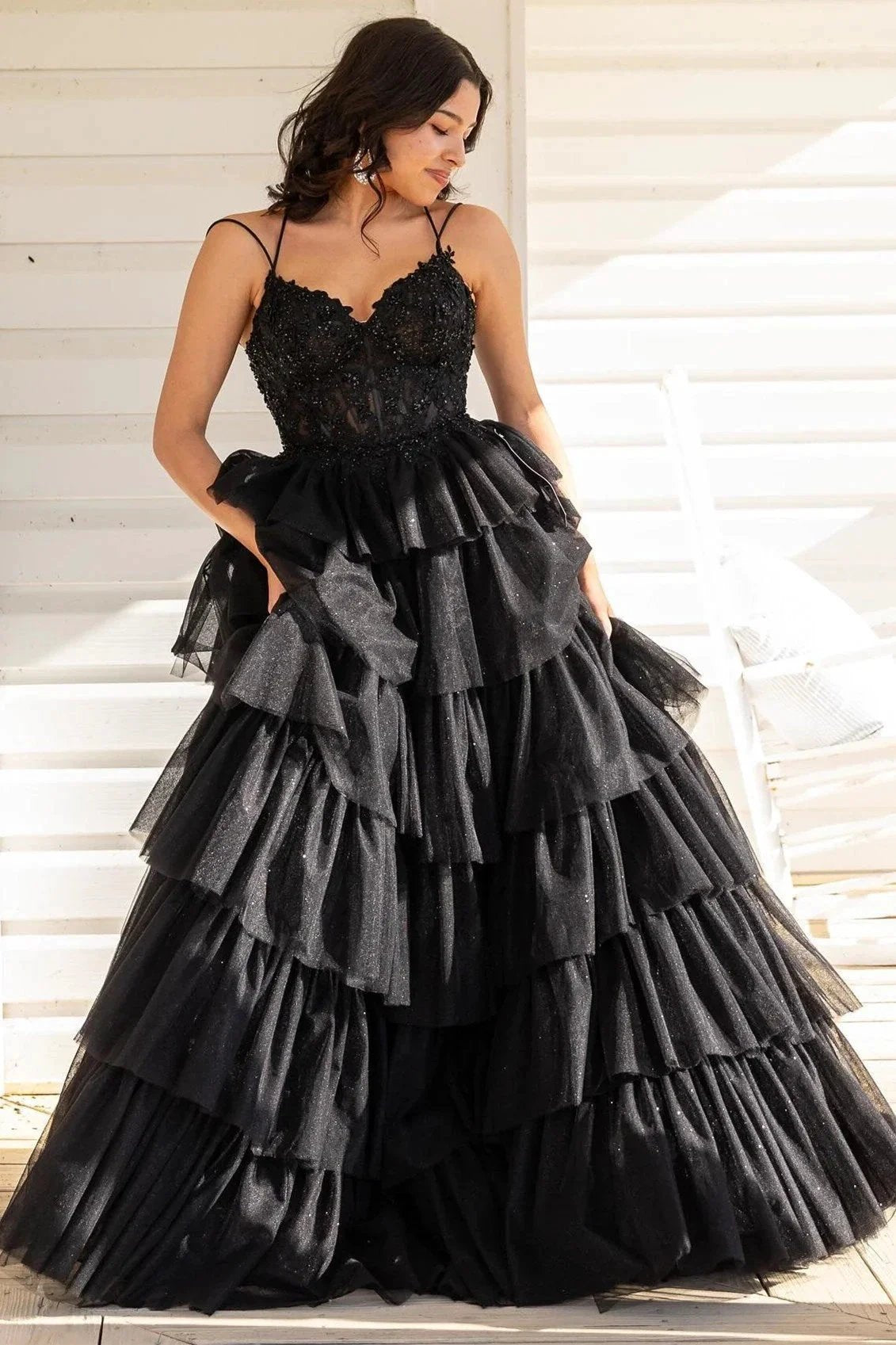 Tiered Ruffle Appliques Corset Long Prom Dress with Spaghetti Straps by KissGroup