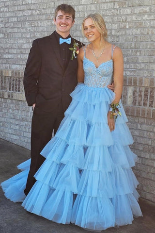 Vestido de fiesta largo con corsé, apliques de volantes escalonados y tirantes finos