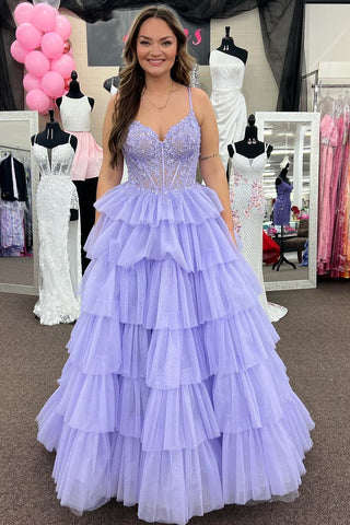Vestido de fiesta largo con corsé, apliques de volantes escalonados y tirantes finos