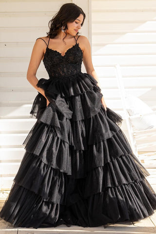 Vestido de fiesta largo con corsé, apliques de volantes escalonados y tirantes finos