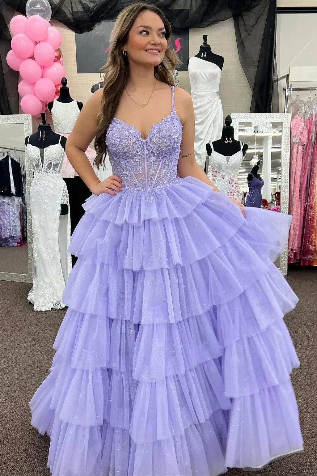Tiered Ruffle Appliques Corset Long Prom Dress with Spaghetti Straps by KissGroup