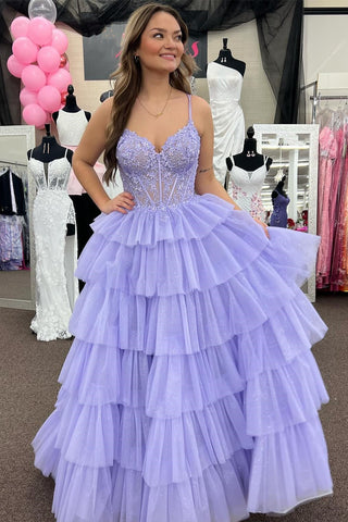 Vestido de fiesta largo con corsé, apliques de volantes escalonados y tirantes finos