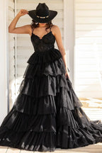 Tiered Ruffle Appliques Corset Long Prom Dress with Spaghetti Straps by KissGroup