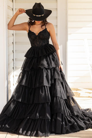 Vestido de fiesta largo con corsé, apliques de volantes escalonados y tirantes finos