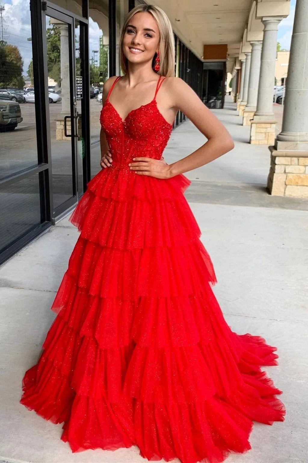 Tiered Ruffle Appliques Corset Long Prom Dress with Spaghetti Straps by KissGroup