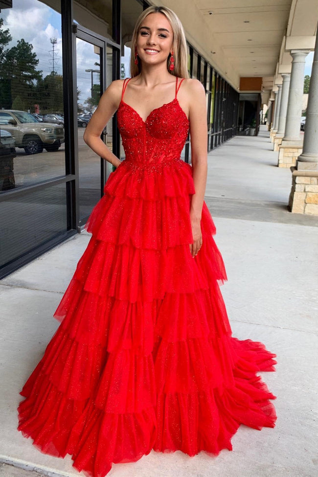 Tiered Ruffle Appliques Corset Long Prom Dress with Spaghetti Straps Main Image