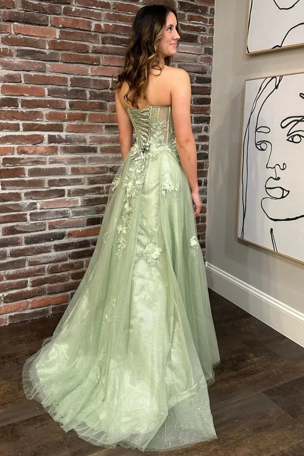 Sage Green Sweetheart Lace-Up Long Prom Dress with 3D Floral Lace by Kissprom