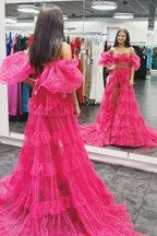 Two-Piece Puff Sleeve Ruffle Glitter Tulle Prom Dress with Slit by KissProm