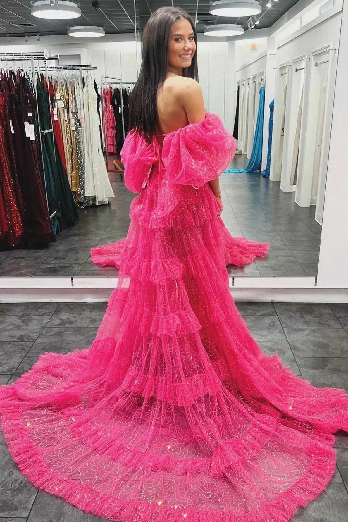 Two-Piece Puff Sleeve Ruffle Glitter Tulle Prom Dress with Slit by KissProm