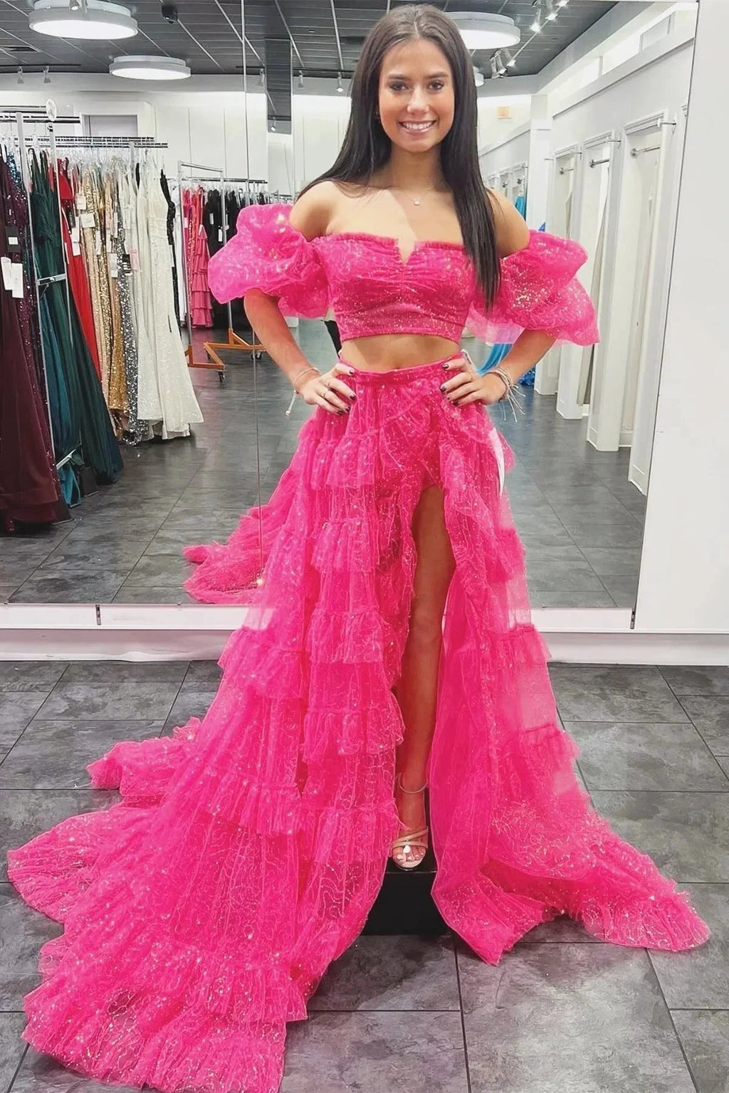 Two-Piece Puff Sleeve Ruffle Glitter Tulle Prom Dress with Slit by KissProm