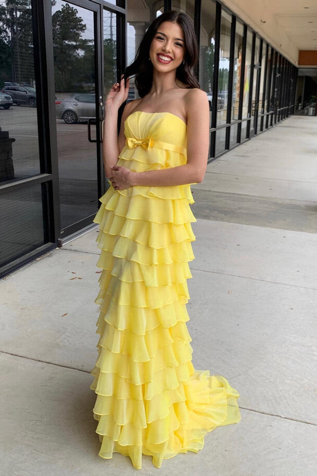 Strapless High-Waist Ruffle Tiered Long Prom Dress with Bow Hover Image
