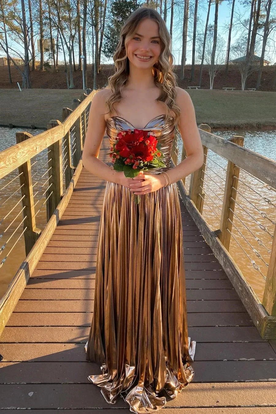 Oakley | Green Metallic Strapless Pleated A-Line Long Prom Dresses by KissProm