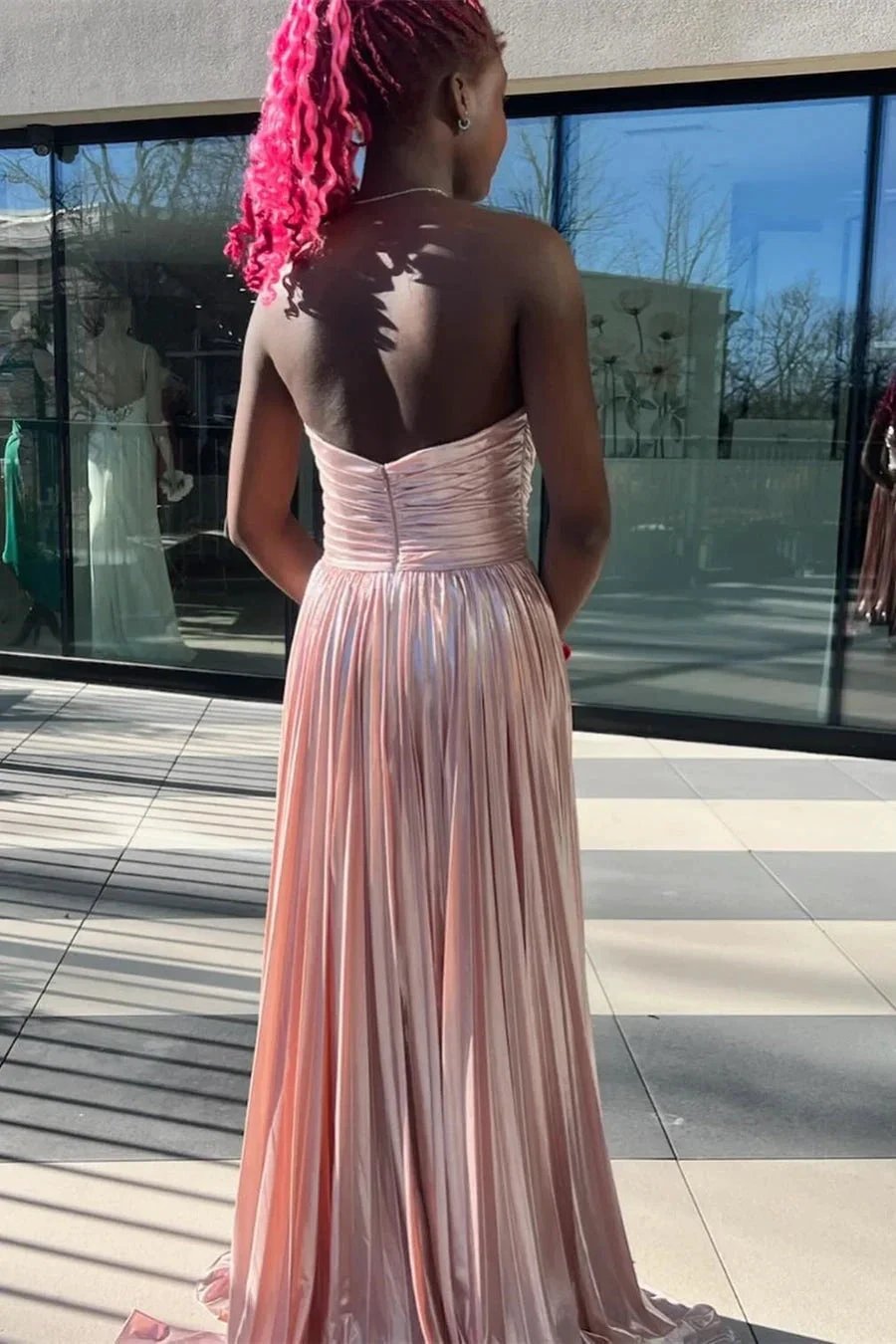 Oakley | Green Metallic Strapless Pleated A-Line Long Prom Dresses by KissProm