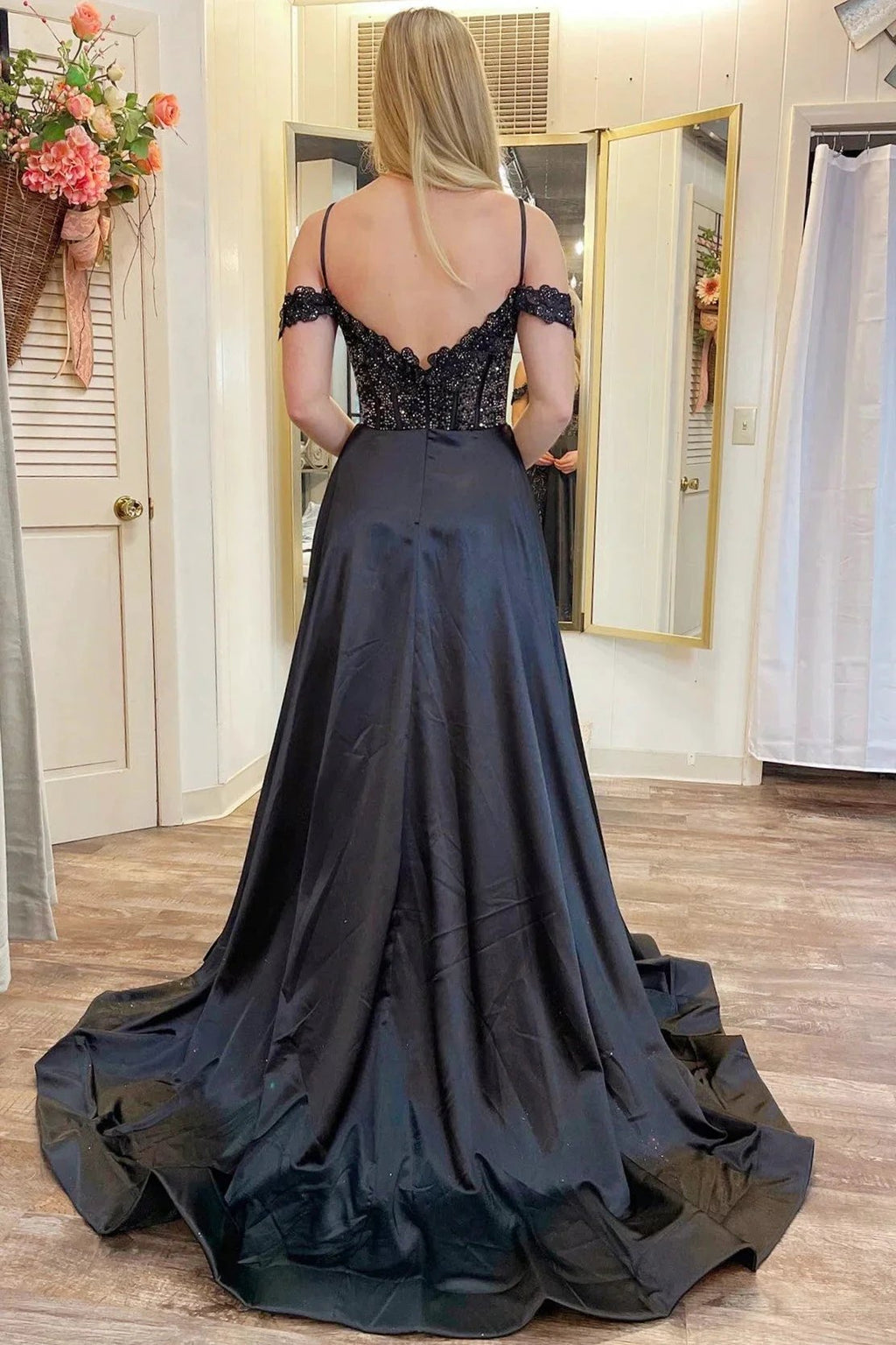 Cold-Shoulder Beaded A-Line Formal Dress with Slit by Kissprom