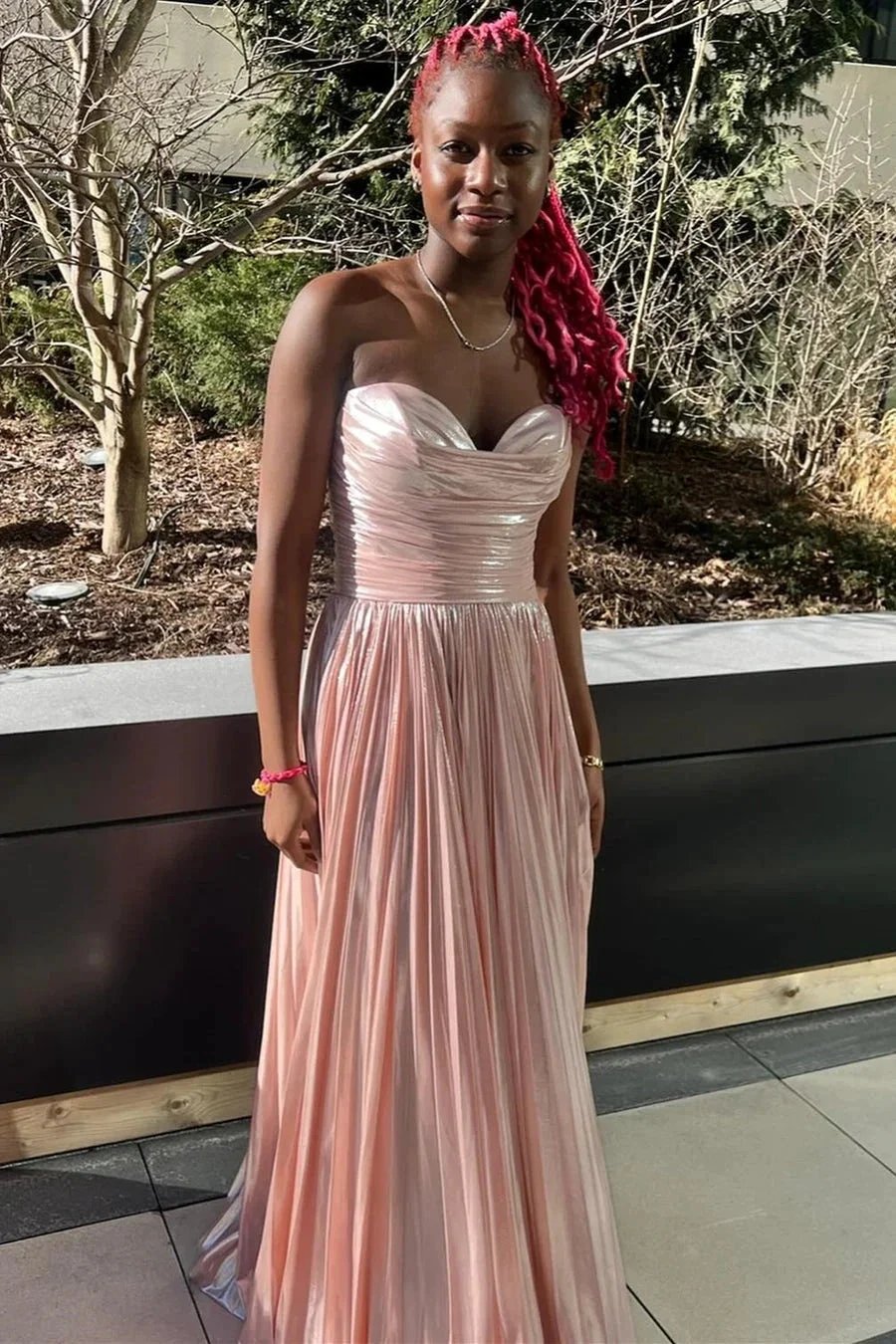 Oakley | Green Metallic Strapless Pleated A-Line Long Prom Dresses by KissProm