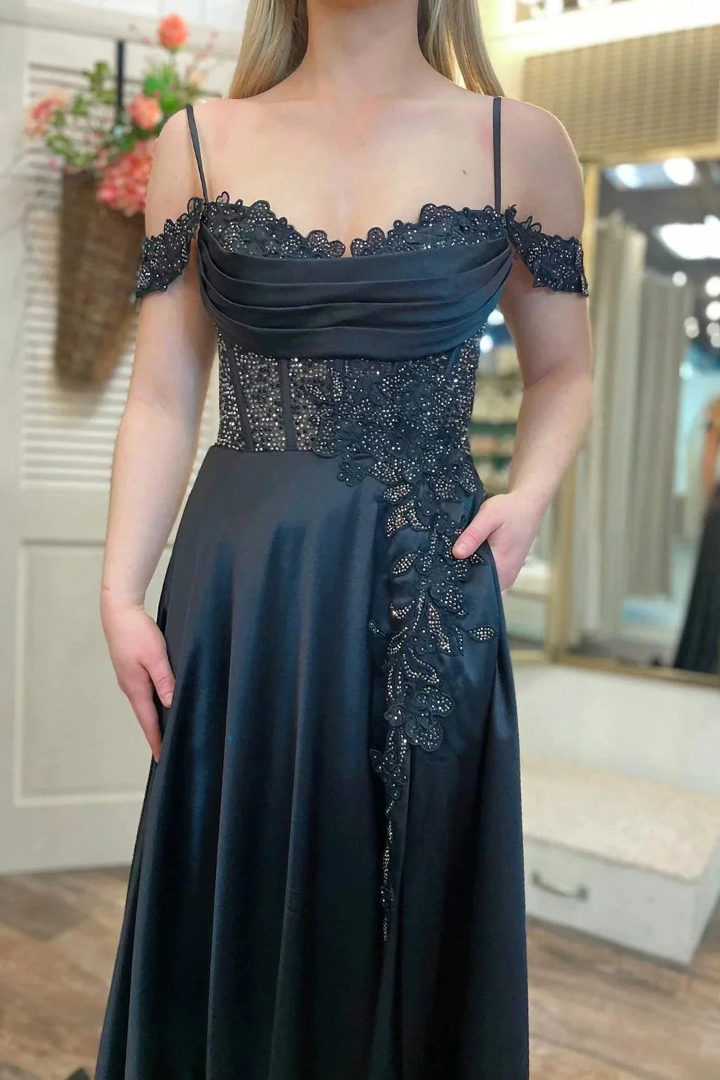 Cold-Shoulder Beaded A-Line Formal Dress with Slit by Kissprom