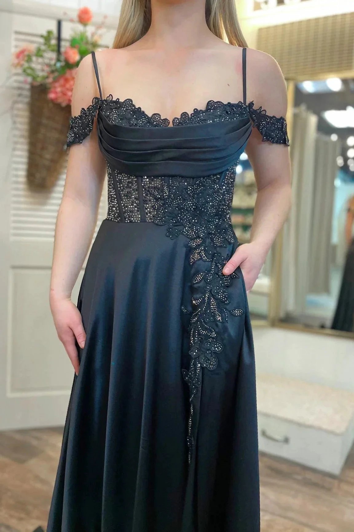 Cold-Shoulder Beaded A-Line Formal Dress with Slit by Kissprom