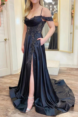 Cold-Shoulder Beaded A-Line Formal Dress with Slit by Kissprom