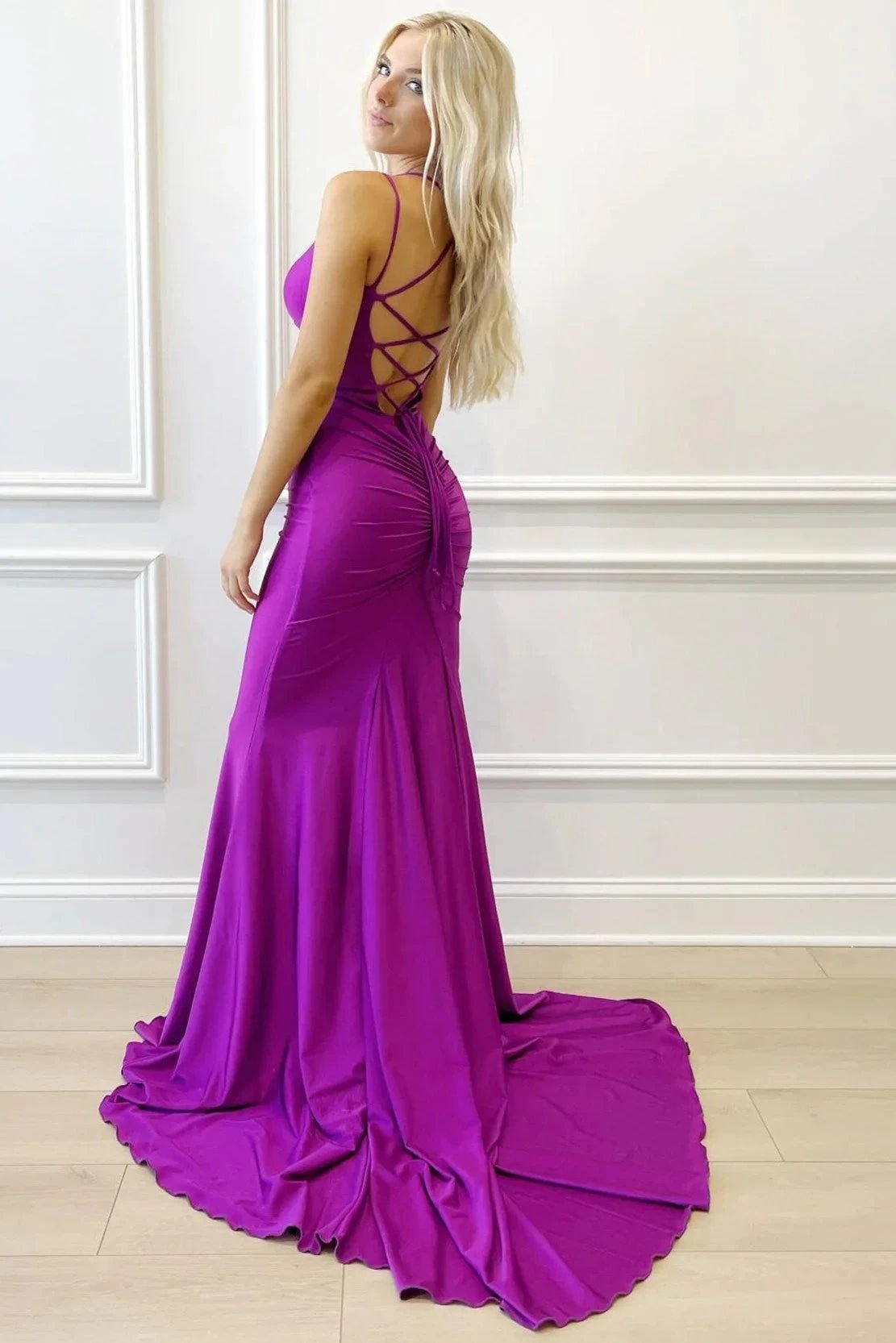 Purple V-Neck Lace-Up Mermaid Long Formal Dress by Kissprom