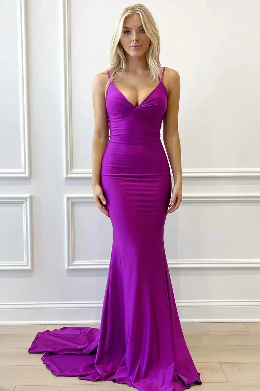 Purple V-Neck Lace-Up Mermaid Long Formal Dress by Kissprom