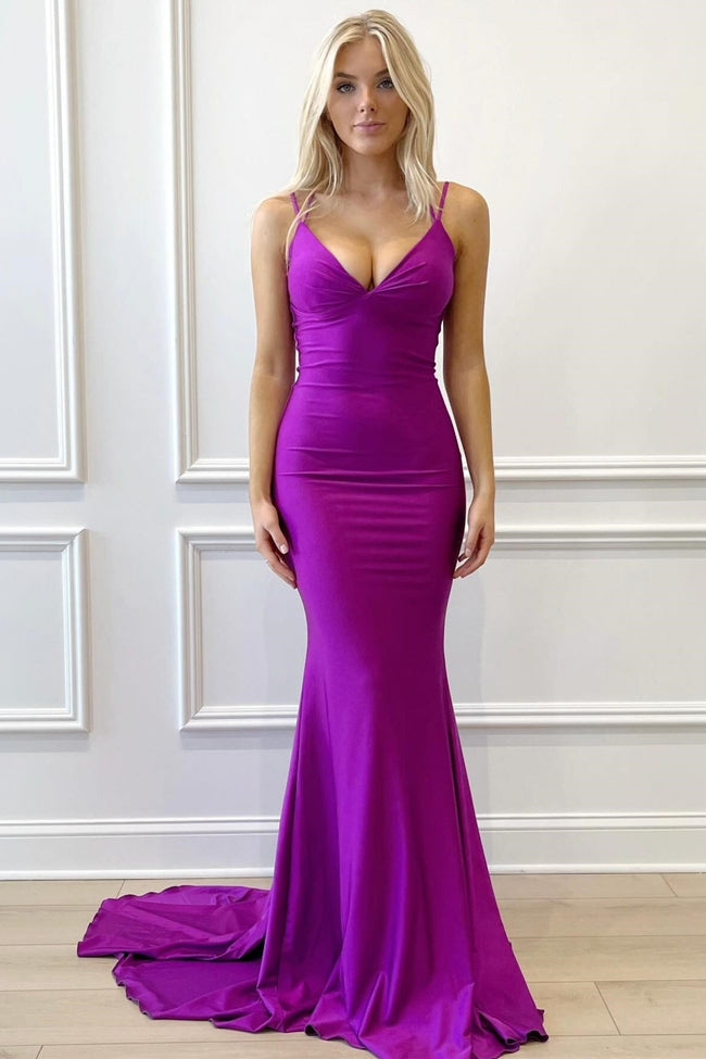 Purple V-Neck Lace-Up Mermaid Long Formal Dress Hover Image