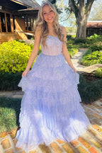 Lavender Tulle Sequin Ruffle Tiered Long Prom Dress by Kissprom