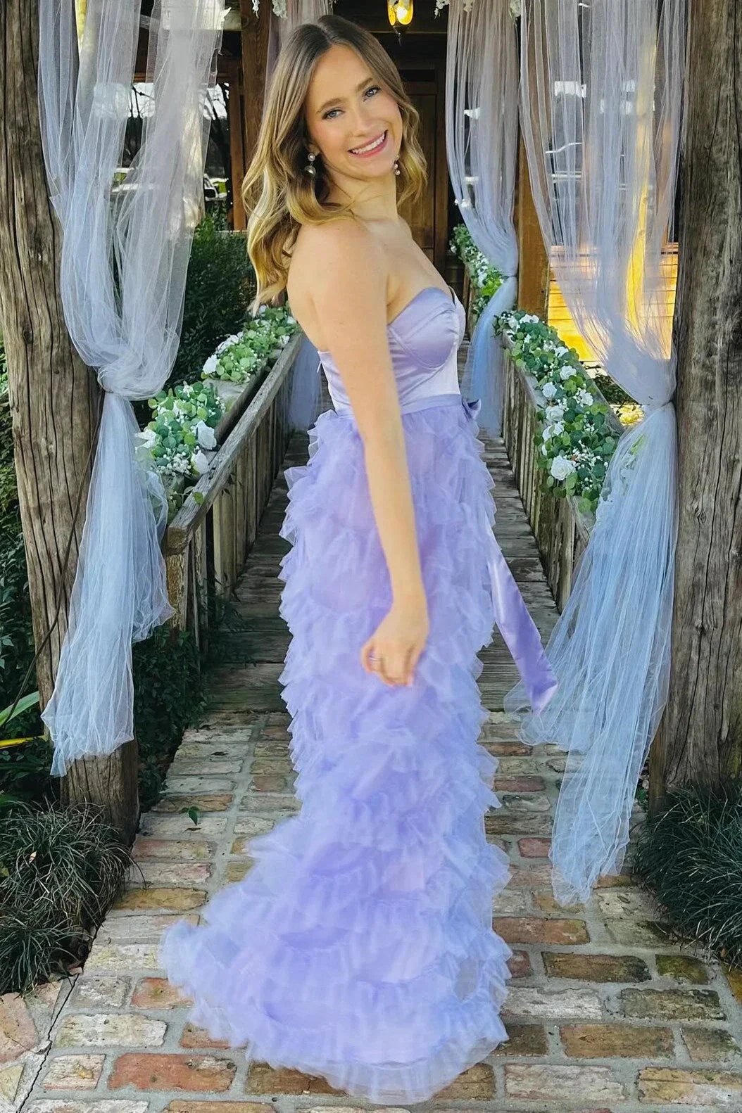 Lavender Sweetheart Bow Belt Ruffle Maxi Dress by Kissprom