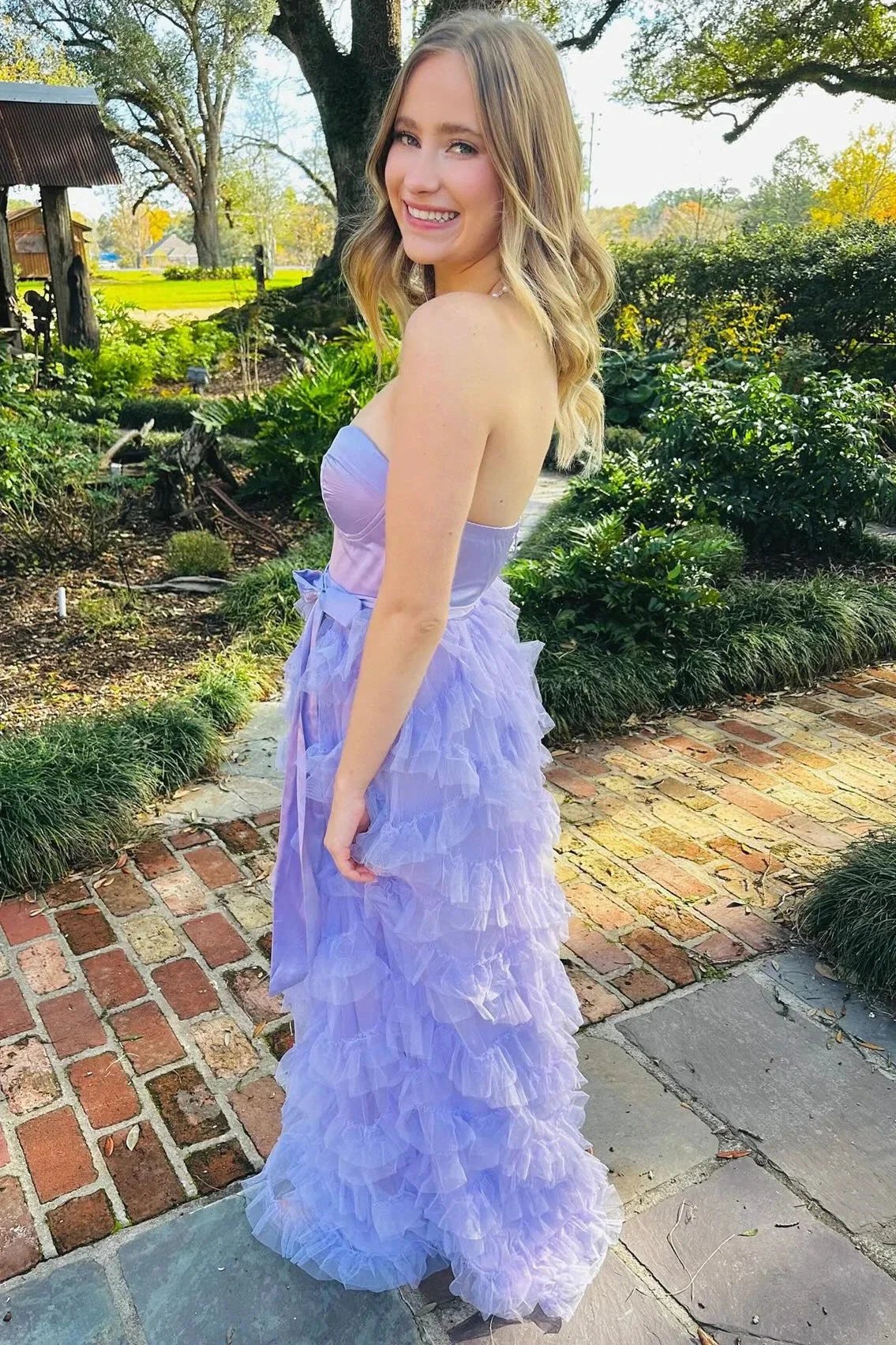 Lavender Sweetheart Bow Belt Ruffle Maxi Dress by Kissprom