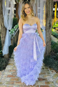 Lavender Sweetheart Bow Belt Ruffle Maxi Dress by Kissprom