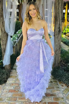 Lavender Sweetheart Bow Belt Ruffle Maxi Dress by Kissprom