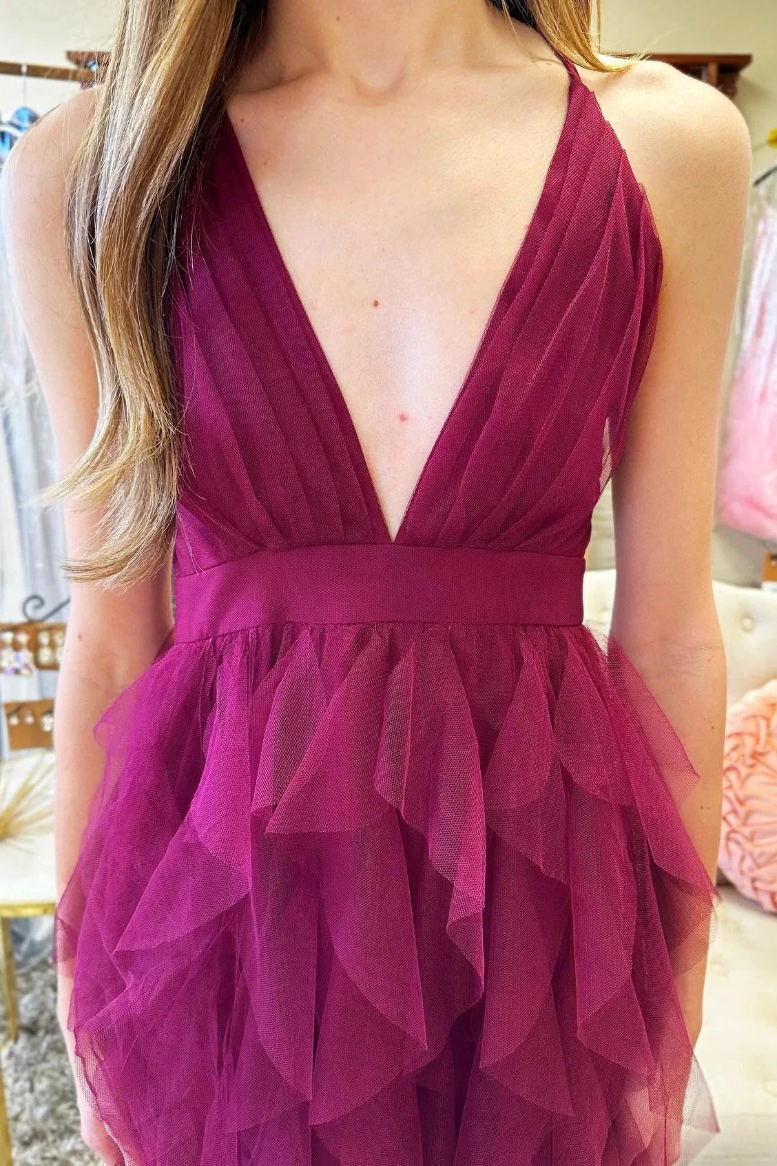 Cross-Back Plunge V Ruffle Maxi Dress in Smoky Blue by Kissprom
