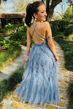 Cross-Back Plunge V Ruffle Maxi Dress in Smoky Blue by Kissprom